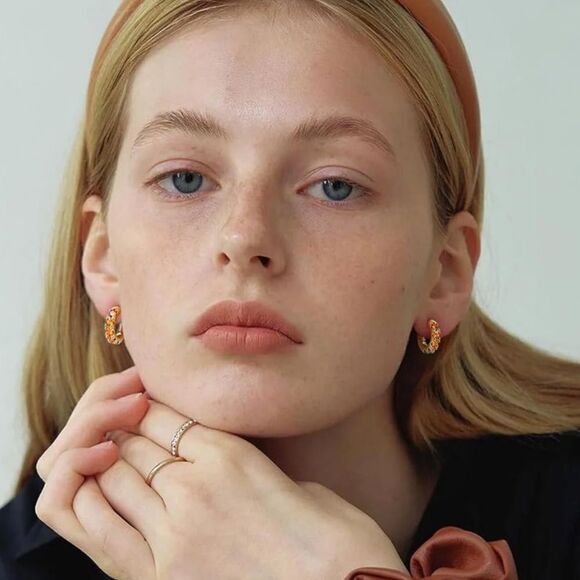 14K Yellow Gold Sterling Silver Orange Citrine Cubic Zirconia Huggie Earrings - Picture 7 of 8